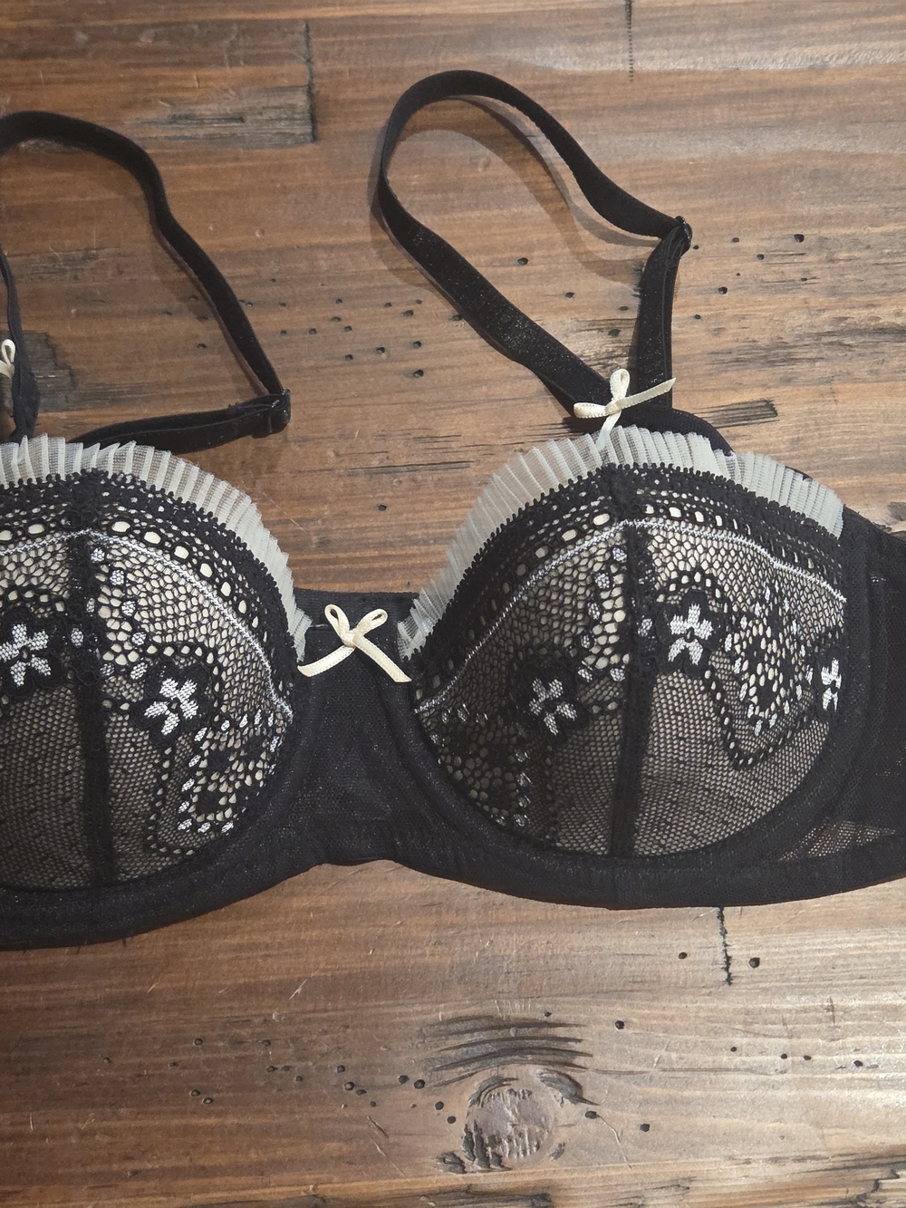 Black Lace Balconette Bra with Cream Trim 34B